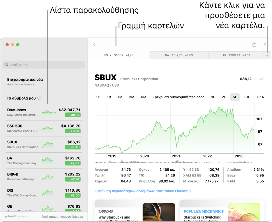 Παράθυρο των Μετοχών, στο οποίο εμφανίζεται η λίστα παρακολούθησης στα αριστερά με ένα επιλεγμένο σύμβολο μετοχής, και το αντίστοιχο γράφημα και η τροφοδοσία ειδήσεων στο δεξιό τμήμα. Στο πάνω μέρος του παραθύρου υπάρχουν καρτέλες για επιλεγμένα σύμβολα μετοχών, μαζί με ένα σύμβολο συν το οποίο μπορεί να χρησιμοποιηθεί για την προσθήκη μιας νέας καρτέλας.