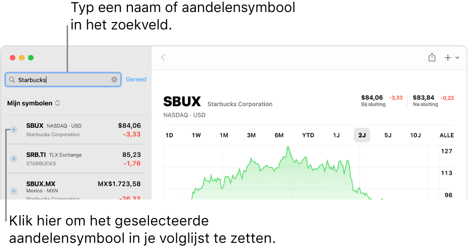 Een Aandelen-scherm met het zoekveld, een lijst met zoekresultaten en de knop 'Voeg toe aan volglijst'.