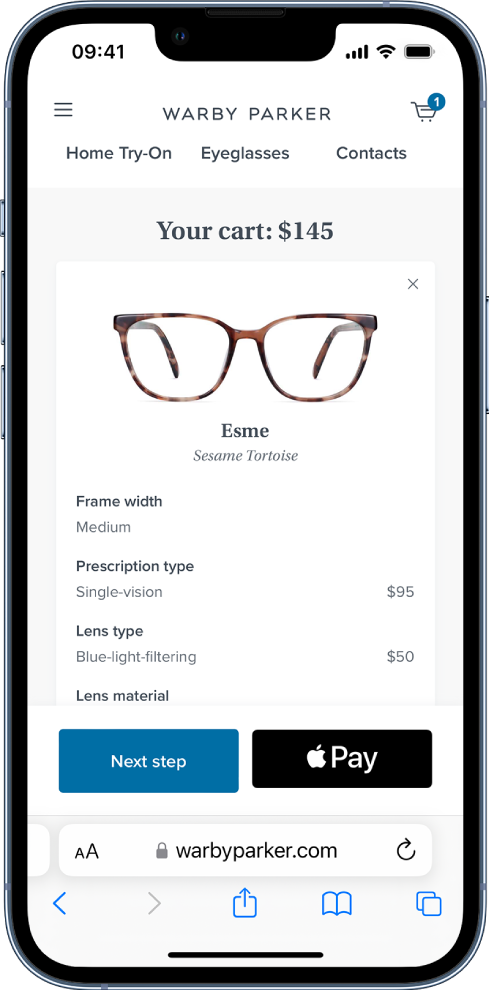 Une page web de produit pour des lunettes de vue avec le bouton Apple Pay en bas à droite.