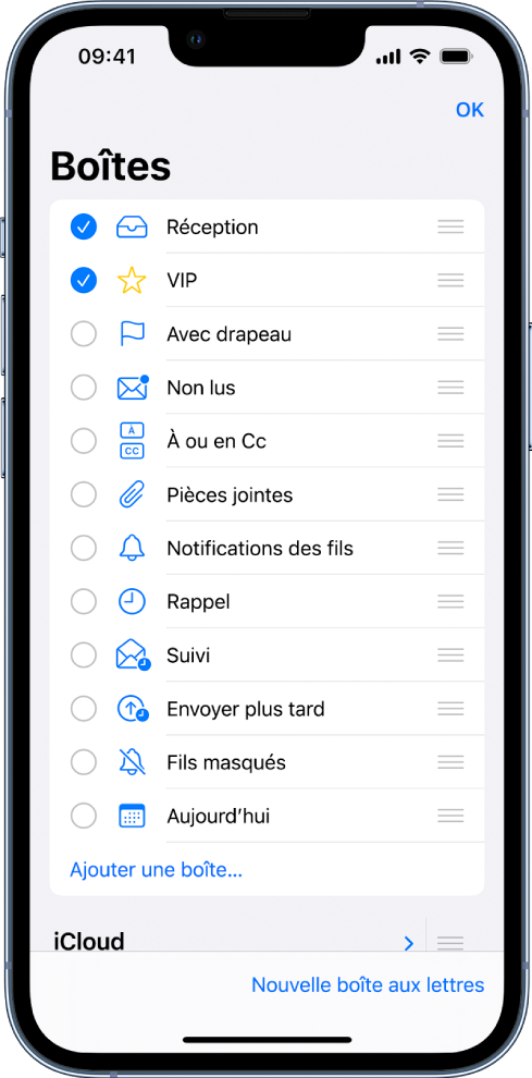 L’écran de modification des boîtes aux lettres. Les boîtes aux lettres facultatives suivantes sont répertoriées de haut en bas, avec une coche sur leur gauche : Réception, VIP, « Avec drapeau », « Non lus », « Avec pièces jointes », « Rappel », etc. En bas à droite de l’écran se trouve le bouton « Nouvelle boîte aux lettres ».