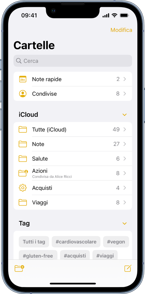 L'elenco Cartelle nell'app Note, con il campo di ricerca nella parte superiore.