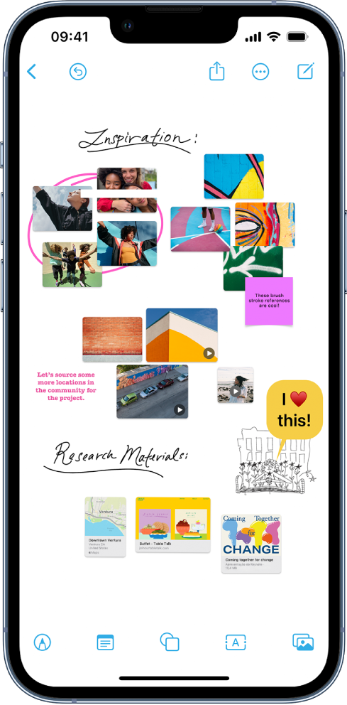 iPhone com o app Freeform aberto. O quadro inclui texto manuscrito, desenhos, formas, fotos, vídeos, anotações, links e outros arquivos.