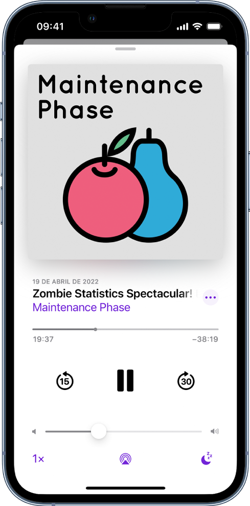 Controles de reprodução na tela Reproduzindo. Abaixo da capa do podcast está o título do episódio e os controles para voltar e avançar no podcast, reproduzir ou pausar o podcast e controlar o volume. Abaixo desses, encontra-se o controle de volume. No canto inferior esquerdo encontra-se o controle para alterar a velocidade de reprodução. O botão Timer de Repouso encontra-se no canto inferior direito.