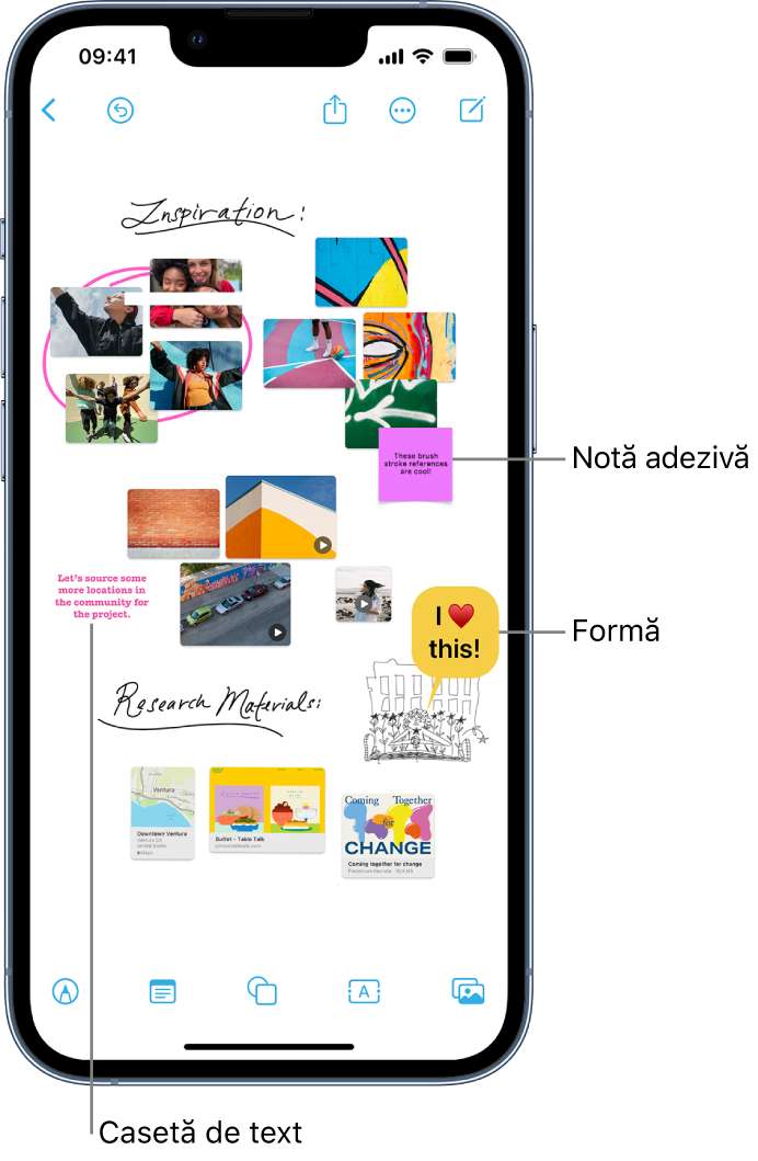 Panou Freeform cu desene, casete de text, clipuri video, poze, note adezive și altele.
