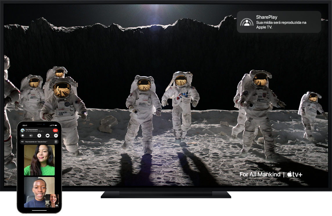 Exemplo de SharePlay mostrado em um iPhone e Apple TV.