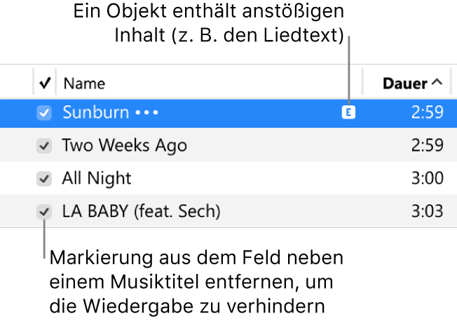 Details der Ansicht „Titel“ im Bereich „Musik“ mit den Kontrollkästchen links und einem Symbol „Anstößig“ für den ersten Titel (was darauf hinweist, dass anstößige Inhalte wie Liedtexte enthalten sind). Durch Deaktivieren des Kontrollkästchens neben einem Titel wird das Abspielen des Titels verhindert.