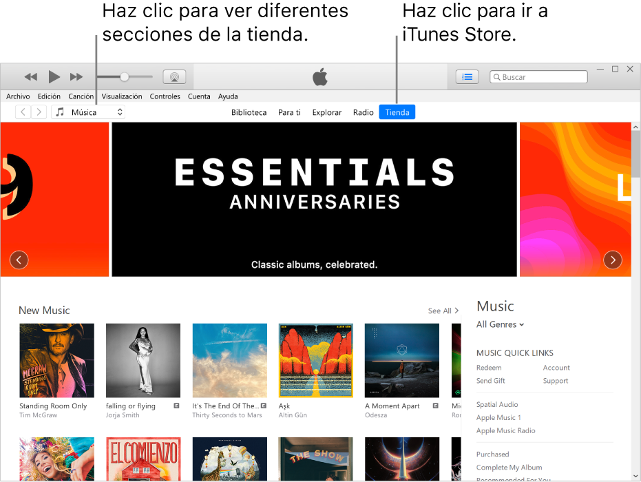 La ventana principal de iTunes Store: Tienda está resaltado en la barra de navegación. En la esquina superior izquierda, elige si quieres ver otro contenido de la Tienda (como Música o TV).