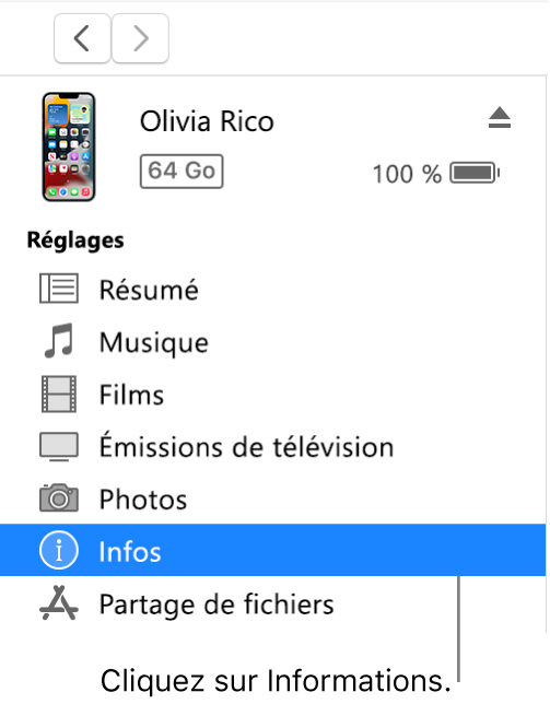 La fenêtre Appareil et l’option Informations sélectionnée dans la barre latérale à gauche.