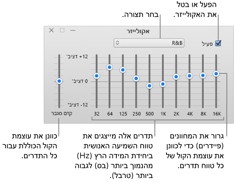 חלון האקולייזר: תיבת הסימון להפעלת האקולייזר של iTunes מופיעה בפינה השמאלית העליונה. לצדה מופיע התפריט הקופצני עם ההגדרות הקבועות מראש של האקולייזר. בקצה הצד השמאלי ניתן לכוונן את עוצמת הקול הכללית של תדרים עם קדם מגבר. מתחת להגדרות הקבועות מראש של האקולייזר ניתן להתאים את רמת הצליל של טווחי תדרים שונים, המייצגים את קשת הצלילים הנשמעים באוזן האנושית, מהנמוך ביותר לגבוה ביותר.