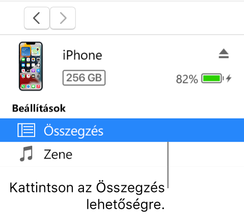 Az Eszköz gomb és a bal oldali oldalsávon lévő kijelölt Összegzés.