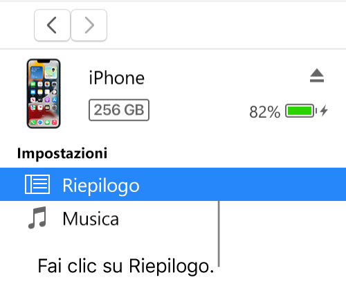 La finestra Dispositivo, con la voce Riepilogo selezionata nella barra laterale a sinistra.