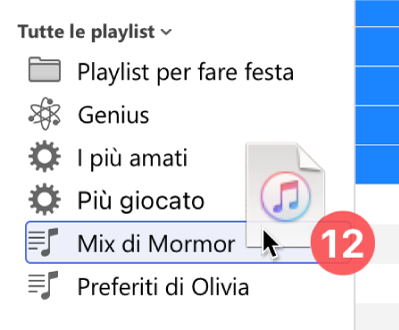 Un album che viene trascinato su una playlist. La playlist è evidenziata con un rettangolo blu.