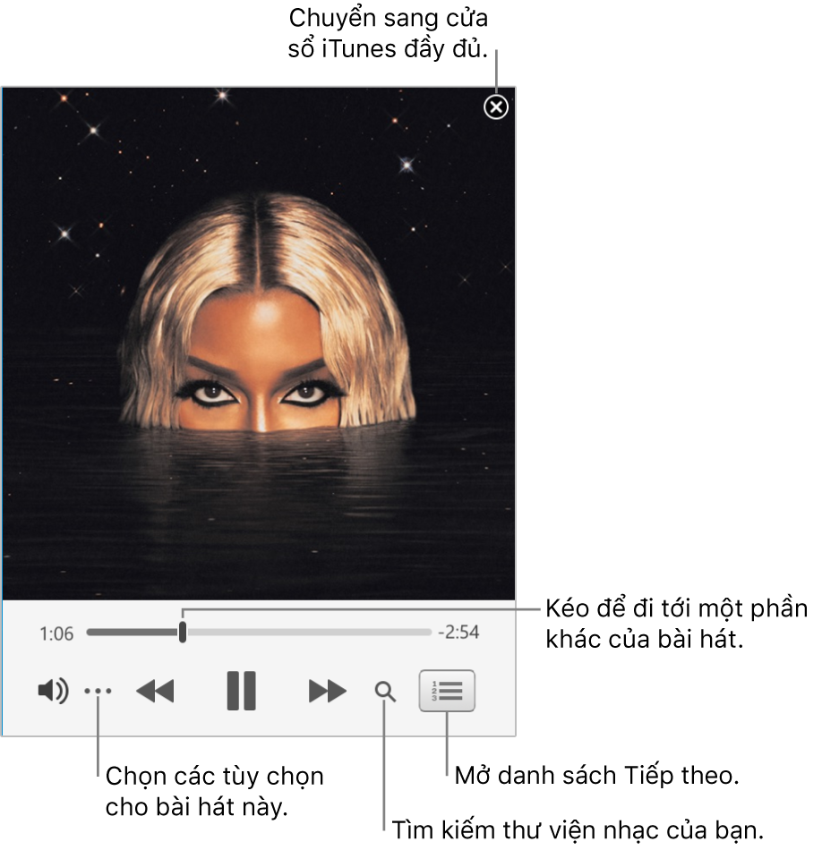 MiniPlayer được mở rộng hiển thị các điều khiển cho bài hát đang phát. Ở góc trên bên phải là nút đóng, được sử dụng để chuyển sang cửa sổ iTunes đầy đủ. Ở cuối cửa sổ là thanh trượt mà bạn có thể kéo để đi tới một phần khác của bài hát. Bên dưới thanh trượt ở bên trái là nút Thêm, tại đây bạn có thể chọn các tùy chọn xem và các tùy chọn khác cho bài hát đang phát. Ở phía ngoài cùng bên phải bên dưới thanh trượt là hai nút – Kính lúp để tìm kiếm trong thư viện nhạc và danh sách Tiếp theo để xem bài nào sẽ phát tiếp theo.