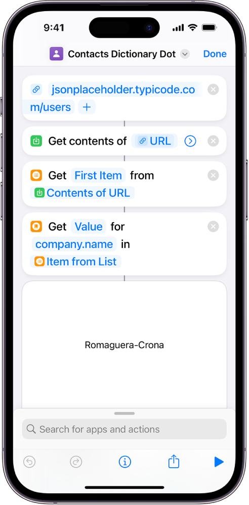 Get Dictionary Value action in the shortcut editor with the key set to company.name.