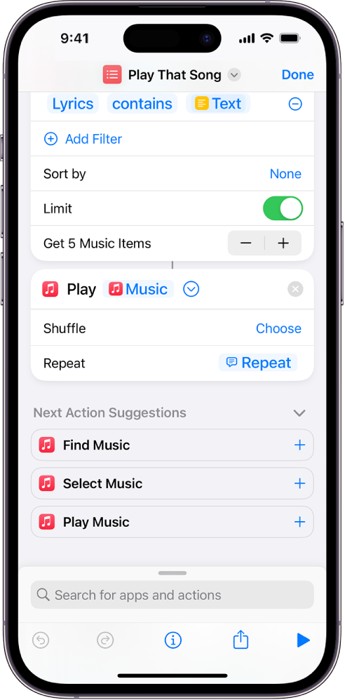 Ask Each Time variable replacing the Repeat parameters in the Play Music action in the shortcut editor.