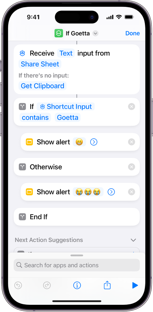 Example shortcut with “If” actions.