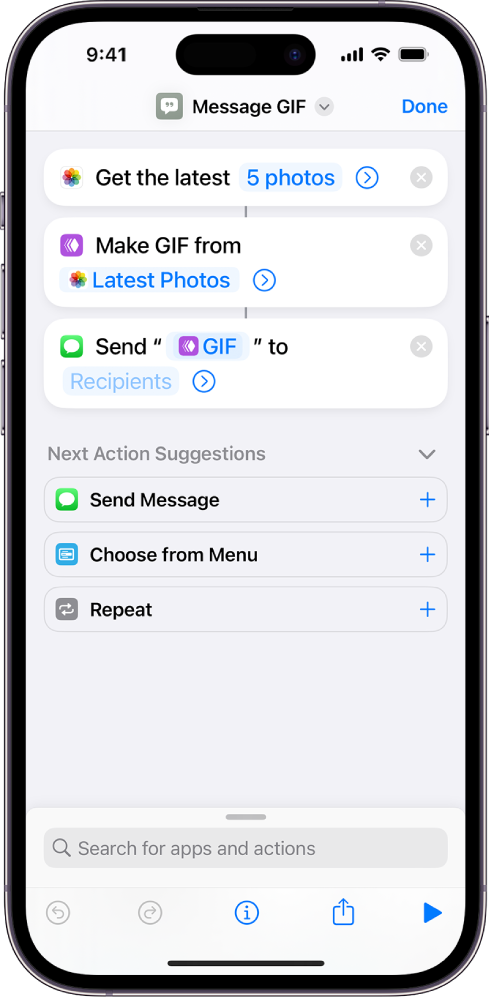 Shortcut editor showing actions used to send a message with photos as an animated GIF.