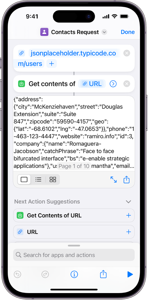 Results of the Typicode API request shortcut, showing a list of users.