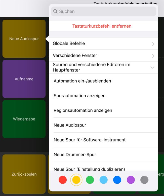 Abbildung. Einblendmenü „Tastaturkurzbefehle“.