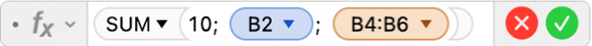 Formelværktøjet viser formlen =SUM(10; B2; B4:B6).