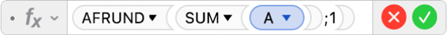 Formelværktøjet viser formlen =AFRUND(SUM(A);1).