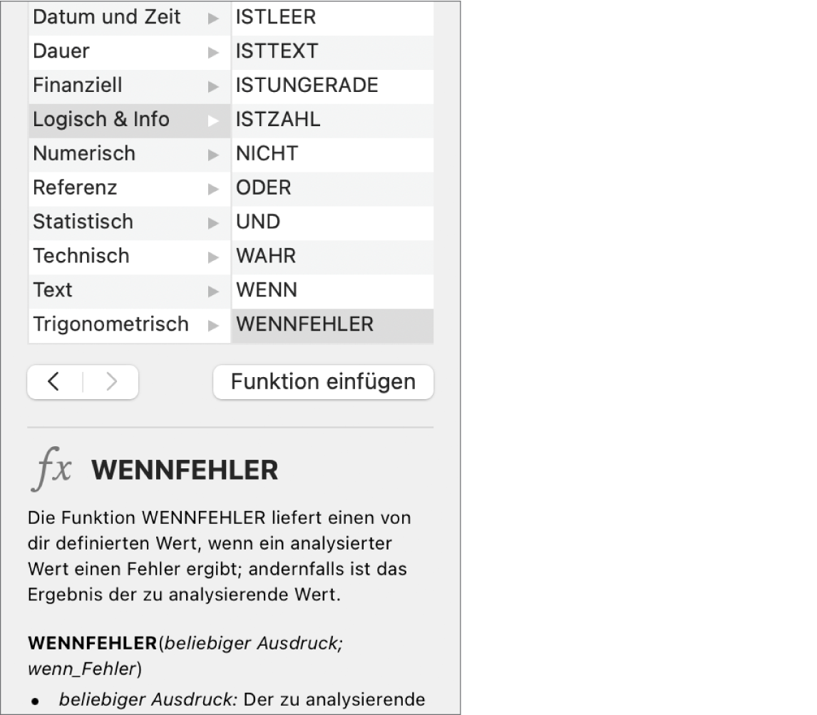 Die Funktionsübersicht mit Informationen zur Funktion WENNFEHLER.