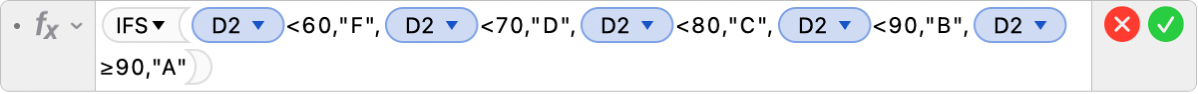 The Formula Editor showing the formula =IFS(D2<60,"F",D2<70,"D",D2<80,"C",D2<90,"B",D2≥90,"A").