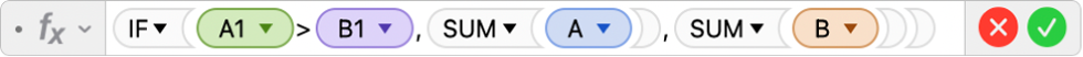 The Formula Editor showing the formula =IF(A2>B2,SUM(A),SUM(B).