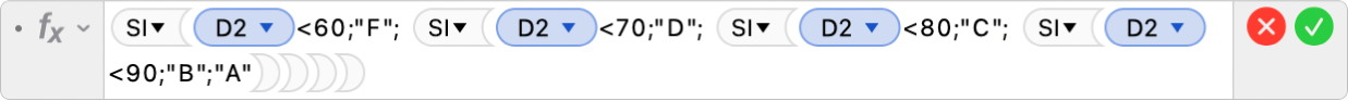 L’éditeur de formules présentant la formule =SI(D2<60;"F";SI(D2<70;"D";SI(D2<80;"C";SI(D2<90;"B";"A")))).