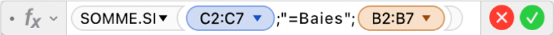 L’éditeur de formules présentant la formule =SOMME.SI(C2:C7;"=Baies";B2:B7).