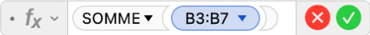L’éditeur de formules présentant la formule =SOMME(B3:B7).