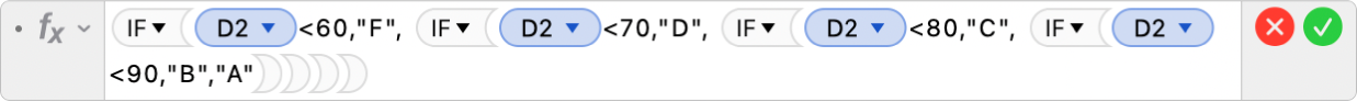 数式エディタ。「=IF(D2<60,"F", IF(D2<70,"D", IF(D2<80,"C", IF(D2<90,"B","A"))))」という数式が表示されています。