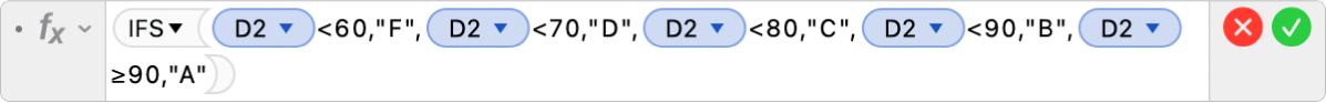 数式エディタ。「=IFS(D2<60,"F",D2<70,"D",D2<80,"C",D2<90,"B",D2≥90,"A")」という数式が表示されています。