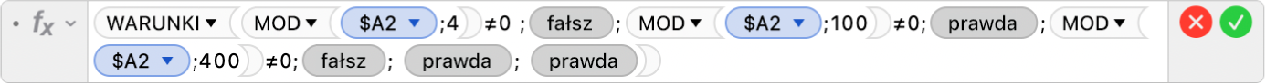 Edytor formuł pokazujący formułę =WARUNKI(MOD($A2,4)≠0;FAŁSZ;MOD($A2;100)≠0;PRAWDA;MOD($A2;400)≠0; FAŁSZ; PRAWDA; PRAWDA).