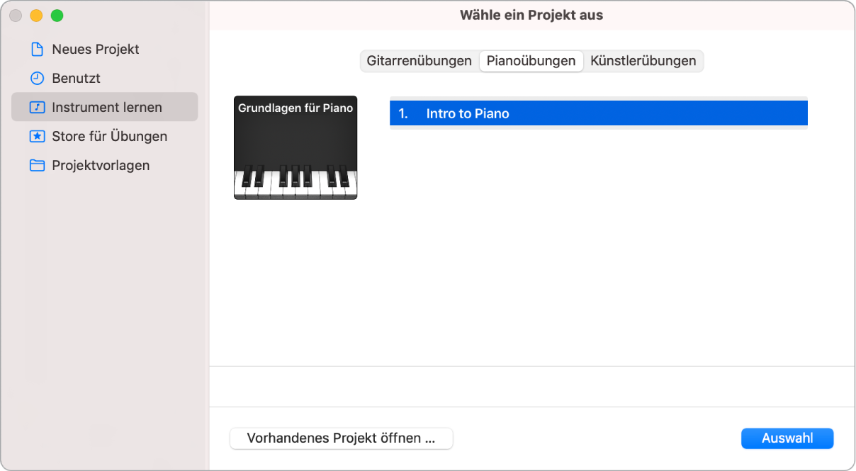 Auswählen einer Übung „Instrument lernen“ in der Projektauswahl