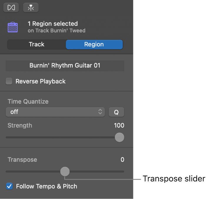 Audio Editor inspector in Region mode, showing Transpose slider.