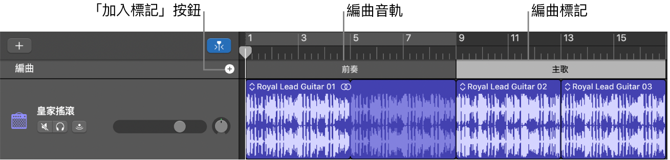 顯示「加入標記」按鈕和「編曲」區段的編曲音軌。