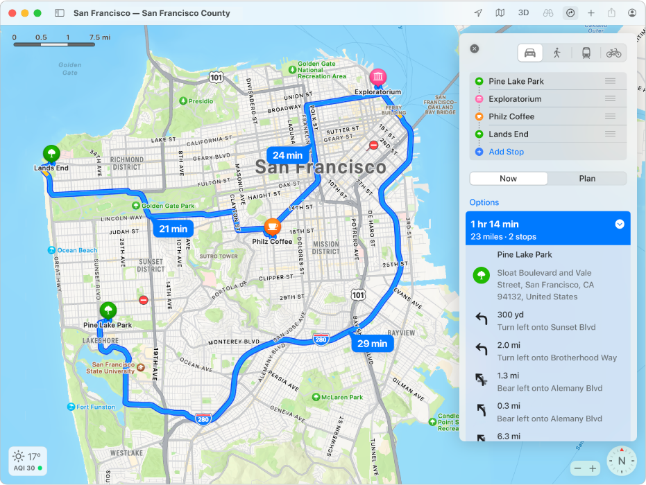 A map of San Francisco showing a route with multiple stops.