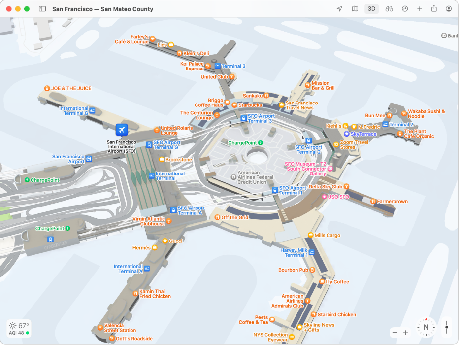 A map showing the inside of the San Francisco International Airport.