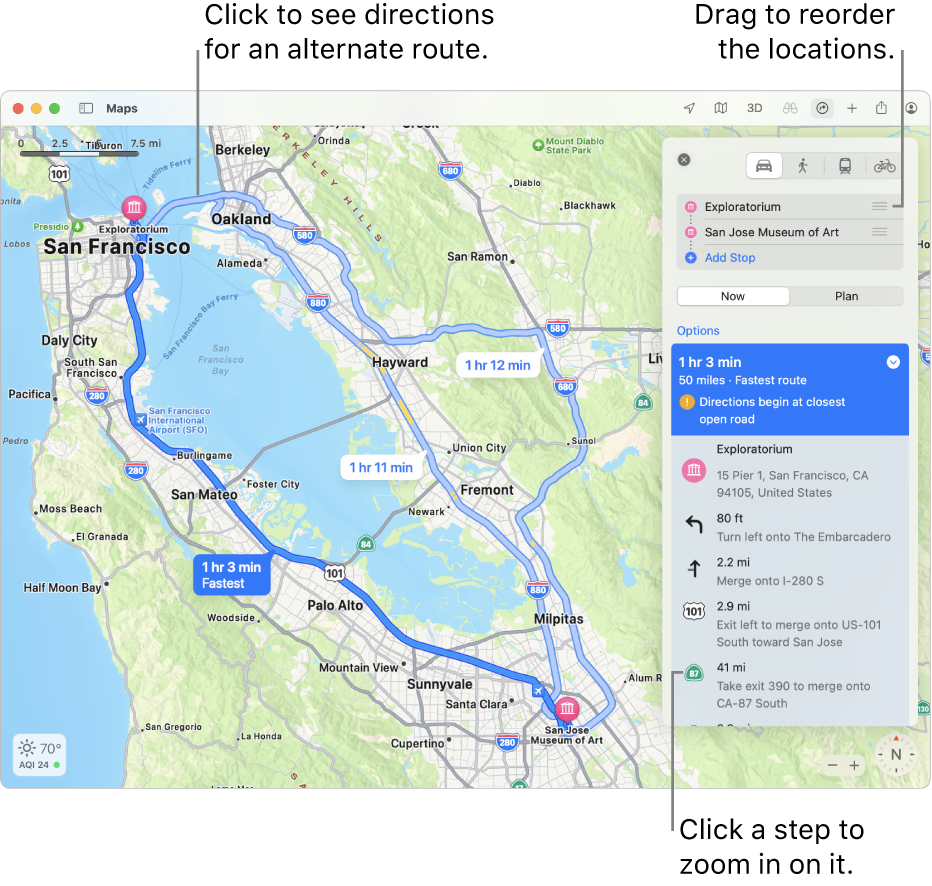 A map of the San Francisco area with directions for a driving route between two locations. Alternate routes are also shown on the map.