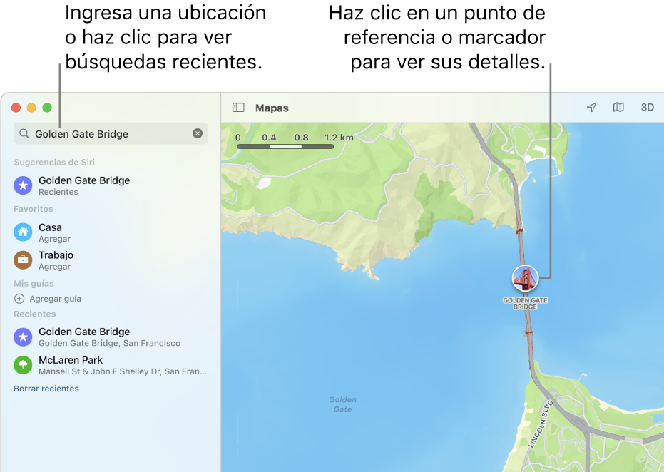 Ingresa la ubicación en el campo de búsqueda o haz clic en ella para ver las búsquedas recientes. Haz clic en un punto de referencia o marcador para ver información.