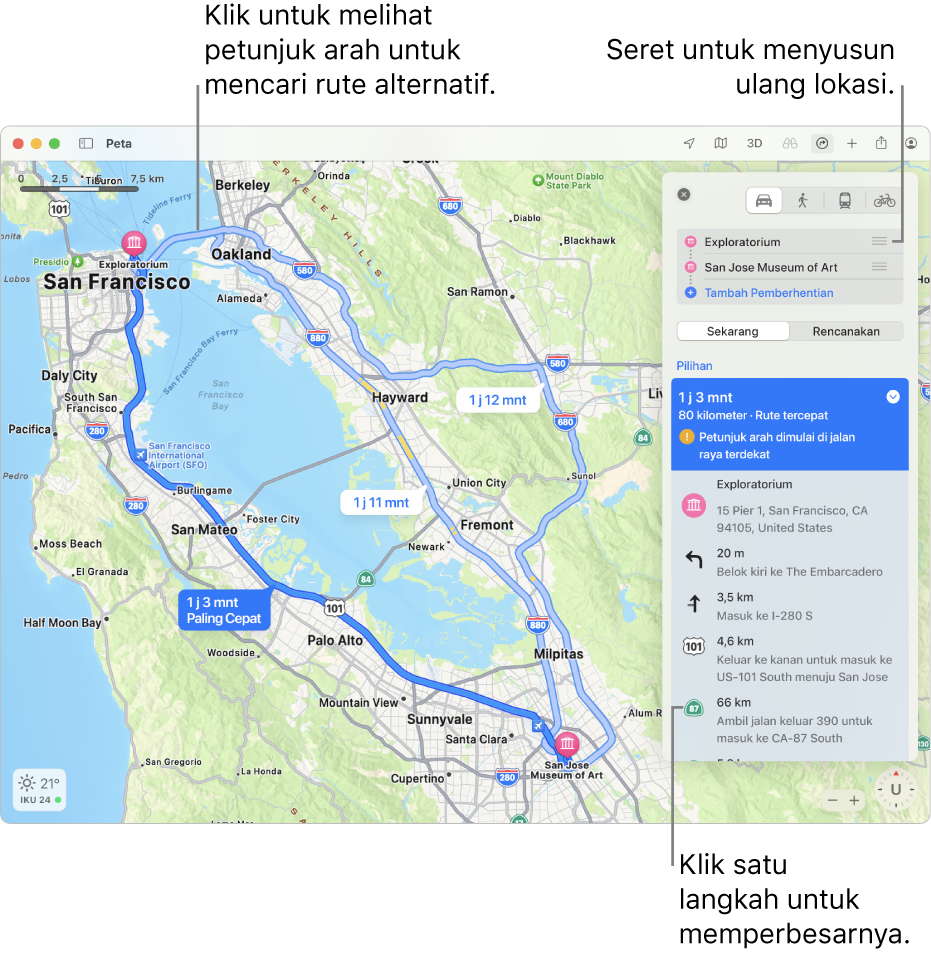 Peta area San Francisco dengan petunjuk arah untuk ruter berkendara di antara dua lokasi. Rute alternatif juga ditampilkan di peta.