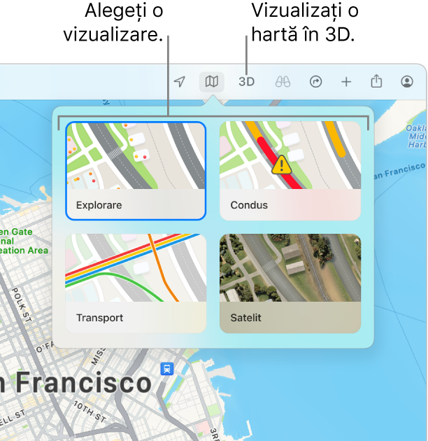 O hartă a orașului San Francisco afișând opțiuni de vizualizare pentru hartă: Explorare, Condus, Transport public și Satelit.