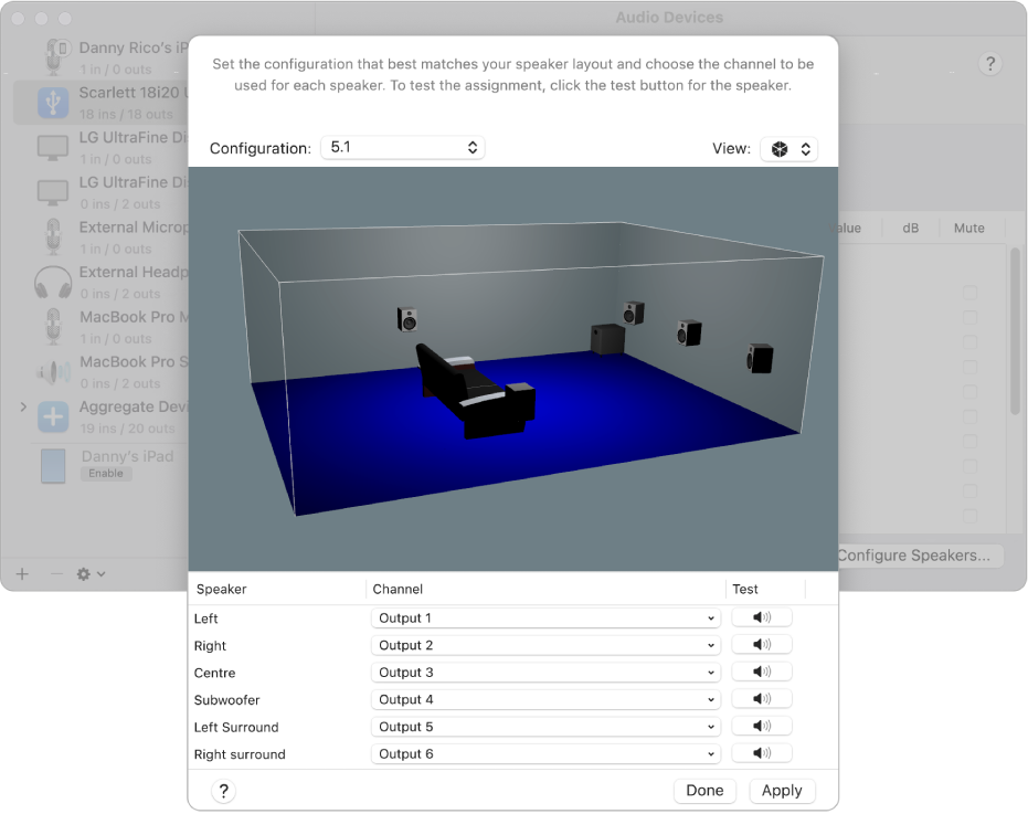 The Configure Speakers window showing an aggregate device in the 3D Isometric View. In the list of six speakers at the bottom of the window appear the channels assigned to each speaker.