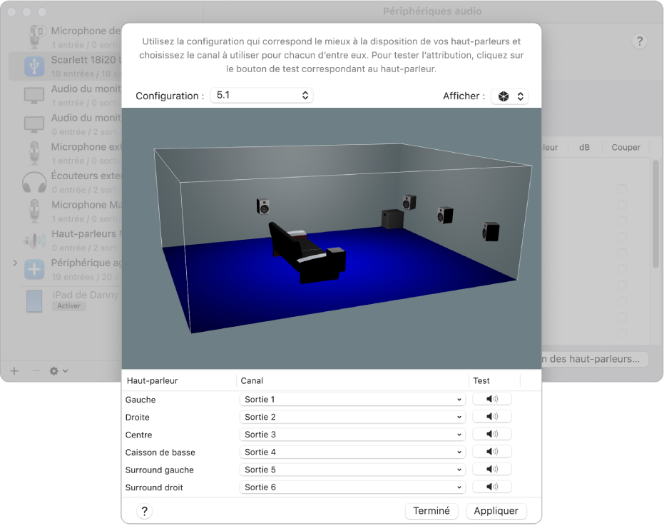 La fenêtre « Configurer les haut-parleurs » affichant un périphérique agrégé dans la présentation isométrique 3D. Dans la liste des six haut-parleurs en bas de la fenêtre, les canaux assignés à chaque haut-parleur sʼaffichent.