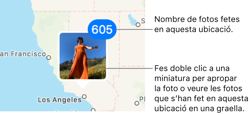 Una miniatura d’una foto al mapa, amb una xifra a l’angle superior dret que indica la quantitat de fotos que s’han fet en aquella ubicació.