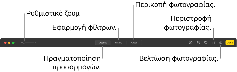 Η γραμμή εργαλείων Επεξεργασίας στην οποία εμφανίζονται ένα ρυθμιστικό «Ζουμ» και κουμπιά για πραγματοποίηση προσαρμογών, προσθήκη φίλτρων, περικοπή φωτογραφιών, περιστροφή φωτογραφιών και βελτίωση φωτογραφιών.