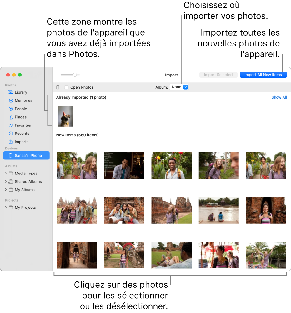 Les photos présentes sur l’appareil que vous avez déjà importées apparaissent en haut de la fenêtre d’importation. Les nouvelles photos apparaissent en bas. En haut et au centre se trouve le menu contextuel Album. Le bouton Importer tous les nouveaux éléments se trouve en haut à droite.