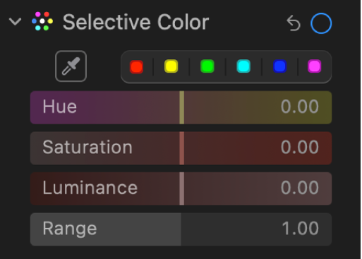 चयनित रंग नियंत्रण ह्यू, सैचुरेशन, ल्युमिनेंस और रेंज स्लाइडर दिखा रहा है जो ऐडजस्ट करें पेन में है।