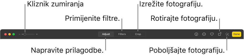 Alatna traka Uređivanje koja prikazuje kliznik Zoom i tipke za podešavanja, dodavanje filtara, izrezivanje fotografija, rotiranje fotografija i naglašavanje fotografija.